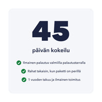 45 päivän kokeilu ja ilmainen palautus