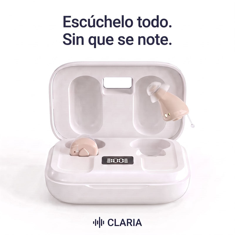 Estuche de carga CLARIA Mini con el par de audífonos